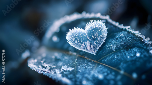 Frozen heart of winter: ice crystals forming a heart shape on a leaf, symbolizing love and resilience in cold times. Macro shot, blue tones, nature's beauty.