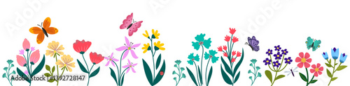 summer garden flowers insects background cottage backyard flower landscape illustration set clipart