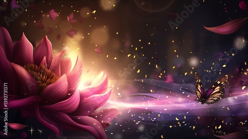 A Beautiful Pink Lotus Flower And Delicate Butterfly Displayed