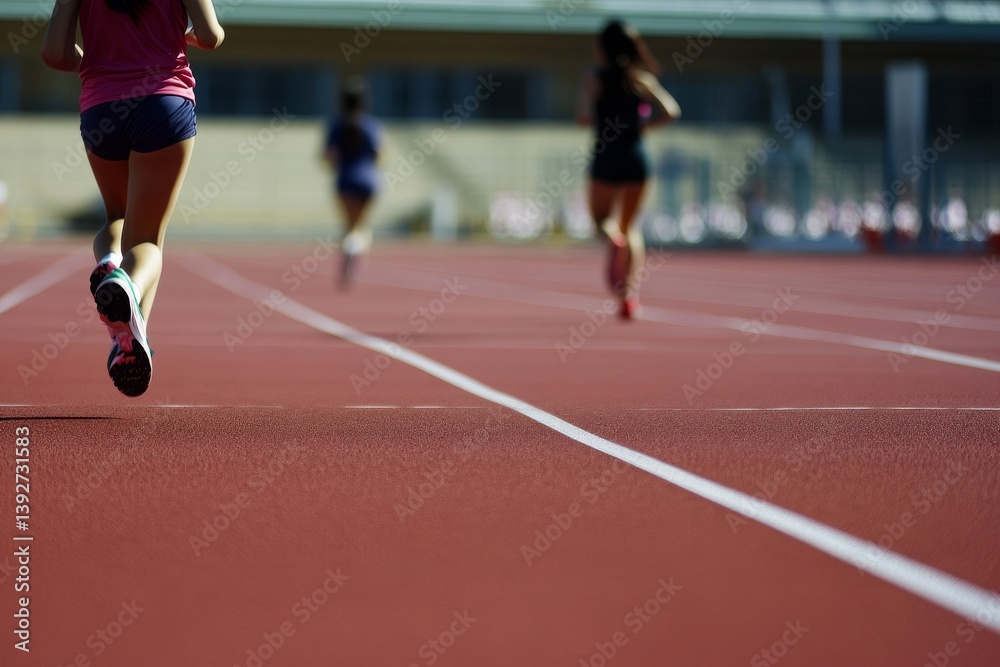 Fototapeta premium Runners sprint on a track. Focus on forefront runner's feet