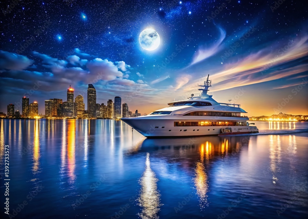Naklejka premium Enchanting Nighttime Yacht Cruise Sparkling Ocean Meets City Lights in Luxurious Elegance