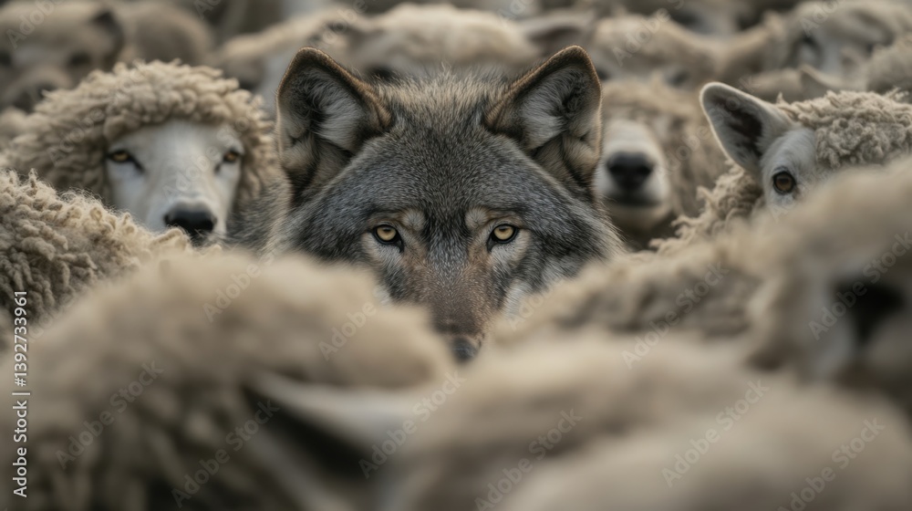Fototapeta premium A wolf’s intense gaze pierces through a dense flock of sheep, creating a striking and unsettling visual metaphor