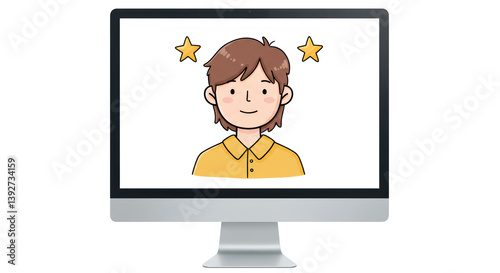 Isolated Cartoon Boy with Stars in Computer