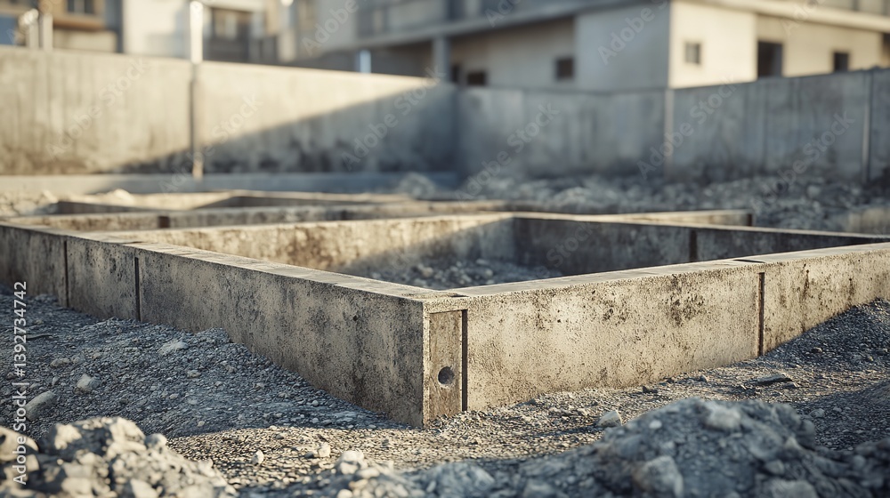 New home construction Concrete foundation groundwork begins under sunny skies and blurred urban New home construction Concrete foundation groundwork begins under sunny skies and blurred urban