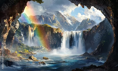 Rainbow over majestic waterfall flowing into a serene lake, mountains in background