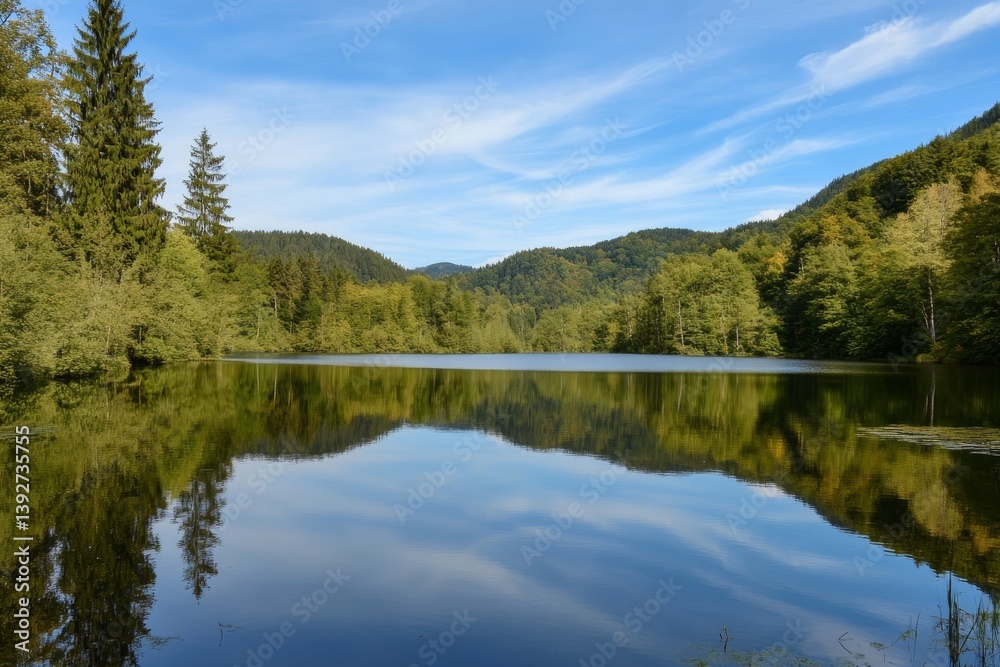 Serene lake mirrors trees under a cloudy blue sky on a still day Serene lake mirrors trees under a cloudy blue sky on a still day