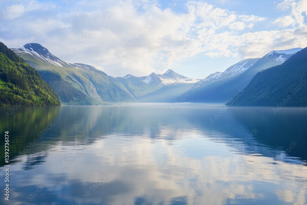 Serene lake reflection, mountains, trees, and sky create tranquil view Serene lake reflection, mountains, trees, and sky create tranquil view
