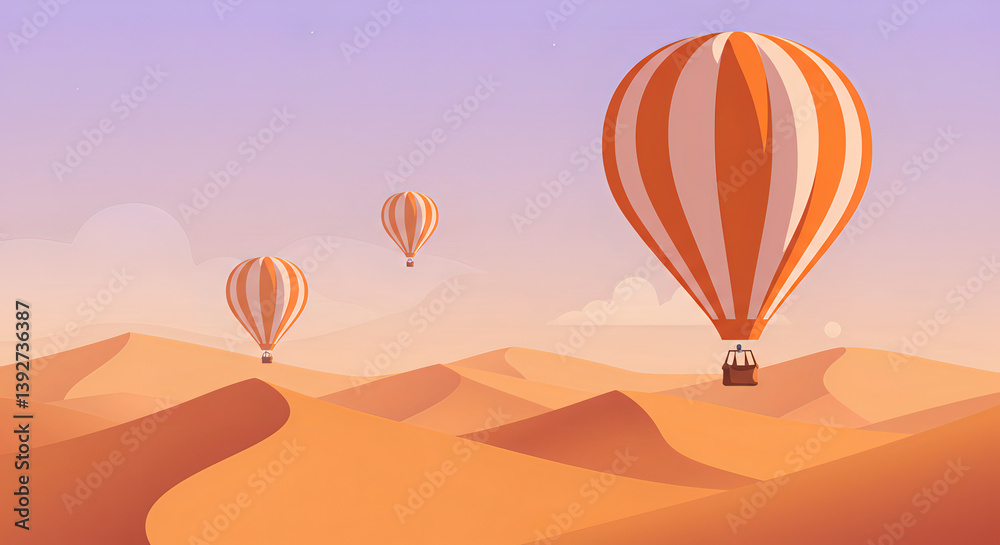 Obraz premium Illustration of Colorful Balloons Floating Over the Desert Landscape, Drifting Above the Sand Dunes with a Peaceful, Serene Atmosphere