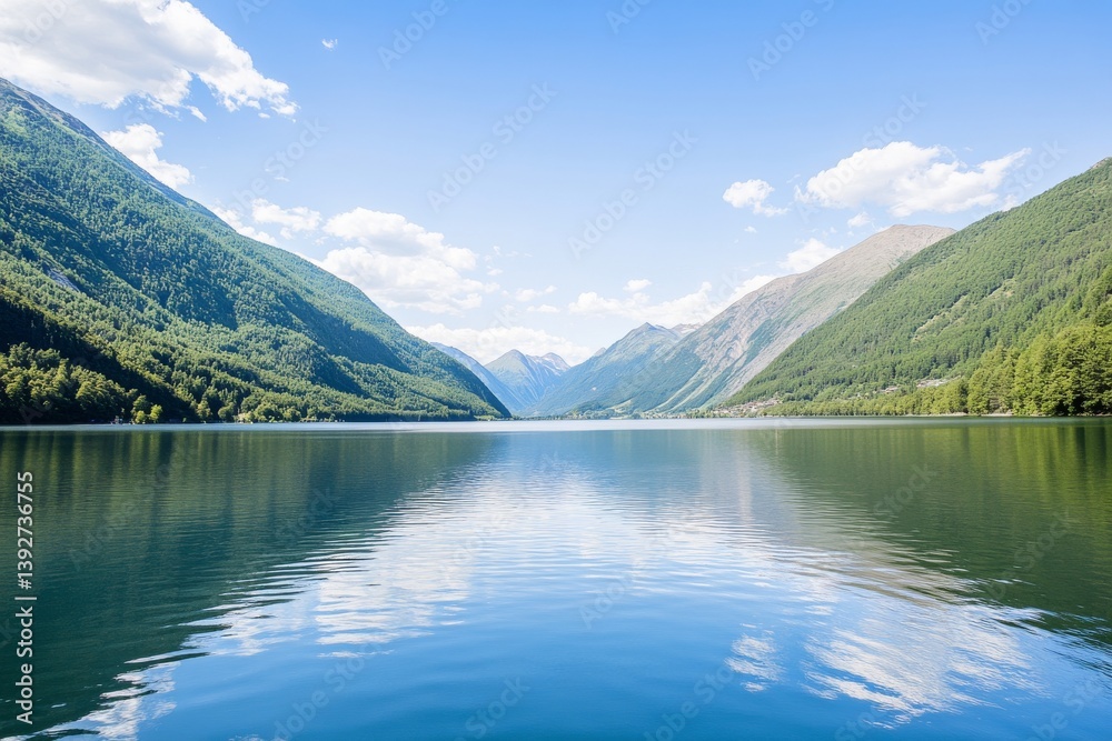Serene lake reflects mountains, blue sky with clouds. Peaceful scene Serene lake reflects mountains, blue sky with clouds. Peaceful scene