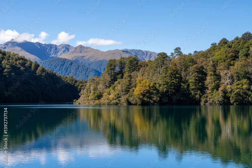 Fototapeta premium Serene lake reflects trees and mountains under a sunny, blue sky