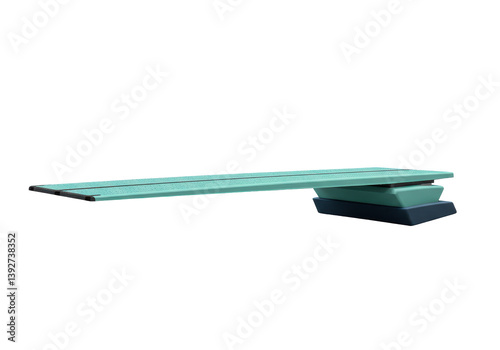 Minimalist diving board positioned over a tranquil pool with clear blue water