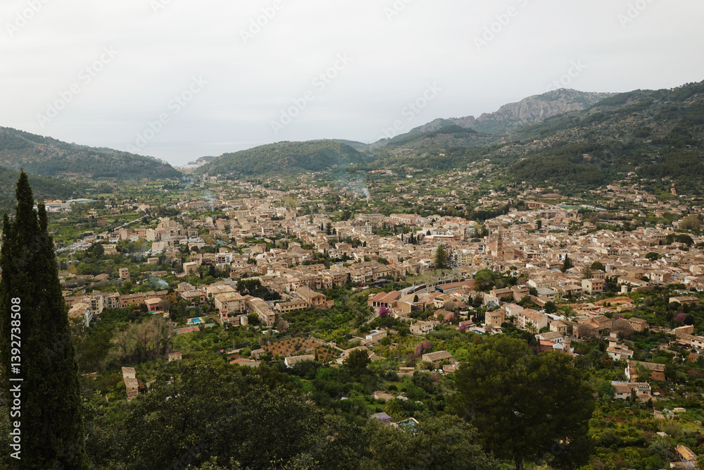The panorama of Soller from Ses Tres Creus, Mallorca, Spain The panorama of Soller from Ses Tres Creus, Mallorca, Spain