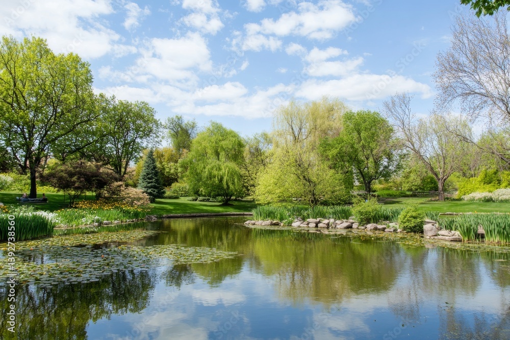 Serene pond reflects trees, sky, and greenery in a lush, park-like scene Serene pond reflects trees, sky, and greenery in a lush, park-like scene