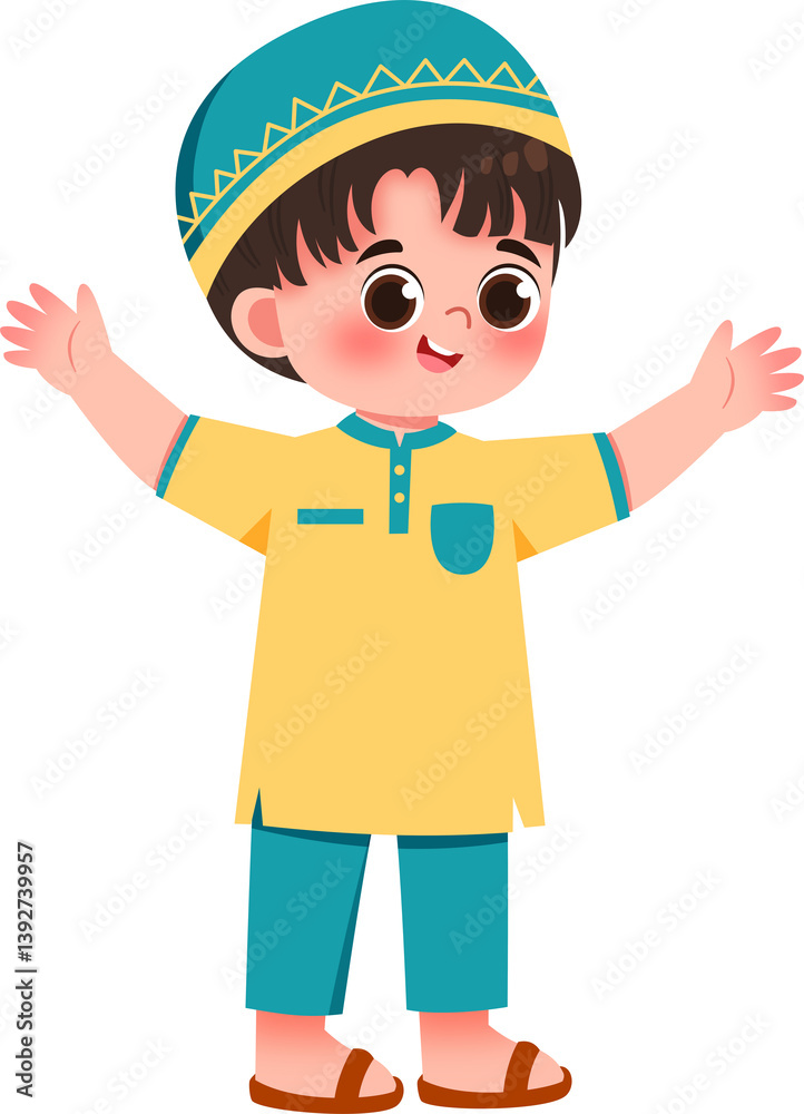 Joyful Young Boy in Traditional Muslim Attire, Welcoming Arms Joyful Young Boy in Traditional Muslim Attire, Welcoming Arms