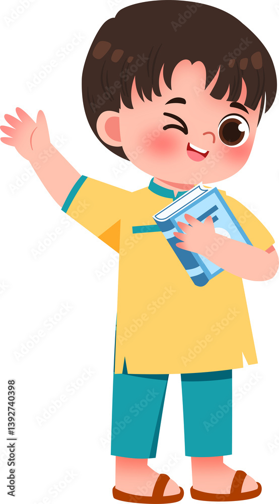 Playful Boy in Yellow Shirt Waving, Holding Book Playful Boy in Yellow Shirt Waving, Holding Book