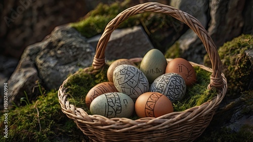 Unusual and vibrant Easter egg basket in macro photography, featuring bright colors, textures, and a festive atmosphere. Perfect as a background or decorative base.