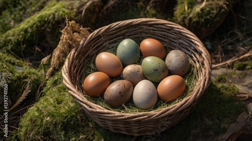 Unusual and vibrant Easter egg basket in macro photography, featuring bright colors, textures, and a festive atmosphere. Perfect as a background or decorative base.
