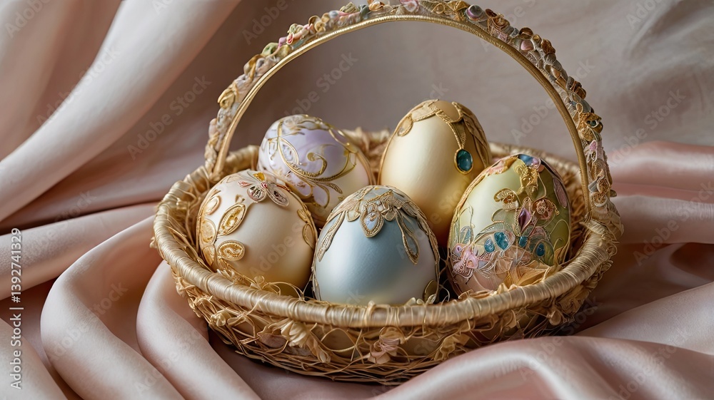 Unusual and vibrant Easter egg basket in macro photography, featuring bright colors, textures, and a festive atmosphere. Perfect as a background or decorative base.