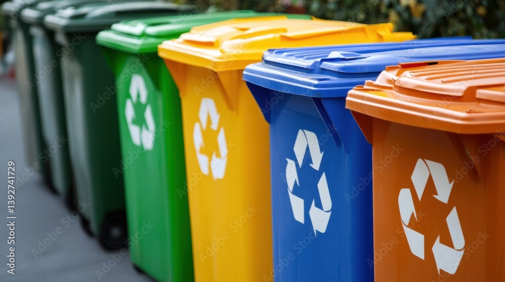 Recycling symbol on recycling bin. Environment conservation concept.
