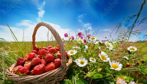 色とりどりの野花が咲く草原の隅に、甘酸っぱい苺をたっぷり詰めたバスケットが静かにたたずむ春の風景

