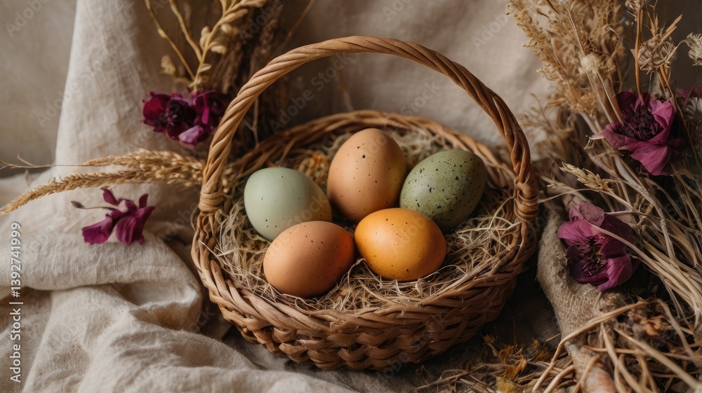 Unusual and vibrant Easter egg basket in macro photography, featuring bright colors, textures, and a festive atmosphere. Perfect as a background or decorative base.