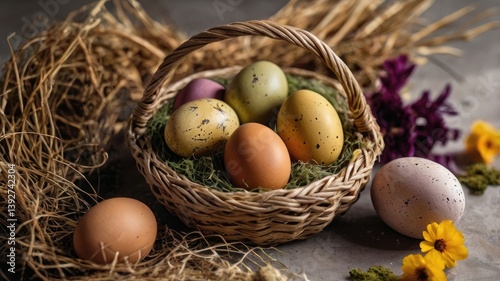 Unusual and vibrant Easter egg basket in macro photography, featuring bright colors, textures, and a festive atmosphere. Perfect as a background or decorative base.