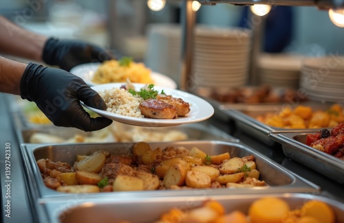 Canteen worker plates food at buffet. Variety of dishes potatoes, couscous, meat. Service line, food preparation. Restaurant setting, catering service. Lunch dinner time. Person in black gloves photo