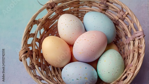 Unusual and vibrant Easter egg basket in macro photography, featuring bright colors, textures, and a festive atmosphere. Perfect as a background or decorative base.