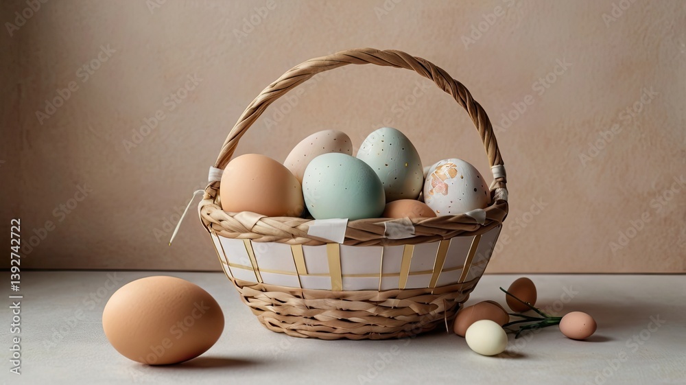 Unusual and vibrant Easter egg basket in macro photography, featuring bright colors, textures, and a festive atmosphere. Perfect as a background or decorative base.