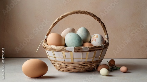 Obraz na płótnie Unusual and vibrant Easter egg basket in macro photography, featuring bright colors, textures, and a festive atmosphere. Perfect as a background or decorative base. w salonie