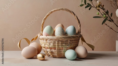 Unusual and vibrant Easter egg basket in macro photography, featuring bright colors, textures, and a festive atmosphere. Perfect as a background or decorative base.
