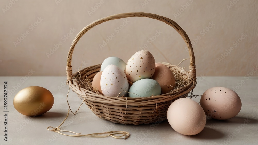 Unusual and vibrant Easter egg basket in macro photography, featuring bright colors, textures, and a festive atmosphere. Perfect as a background or decorative base.