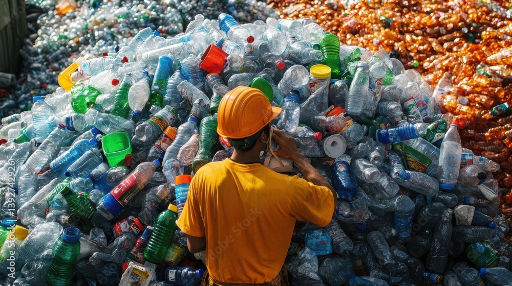 Worker working in recycling center with recyclable waste.
