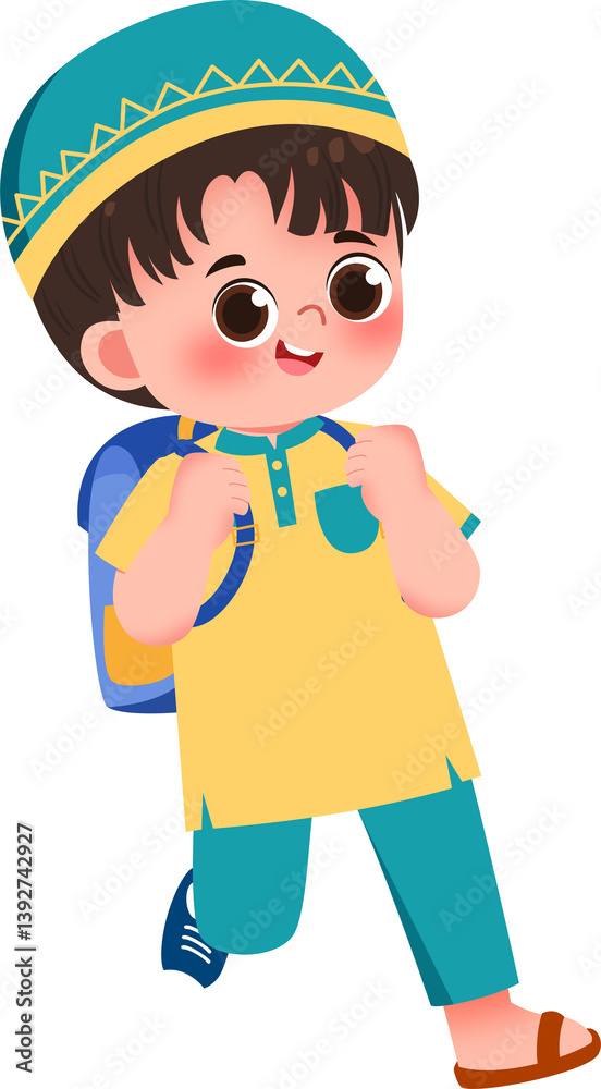 Cheerful Boy in Traditional Clothing with Backpack, Walking to School Cheerful Boy in Traditional Clothing with Backpack, Walking to School