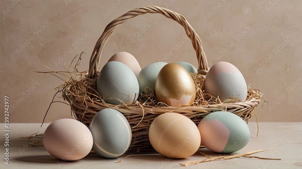 Unusual and vibrant Easter egg basket in macro photography, featuring bright colors, textures, and a festive atmosphere. Perfect as a background or decorative base.