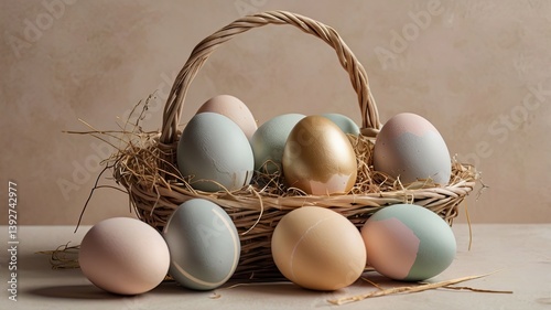 Obraz na płótnie Unusual and vibrant Easter egg basket in macro photography, featuring bright colors, textures, and a festive atmosphere. Perfect as a background or decorative base. w salonie
