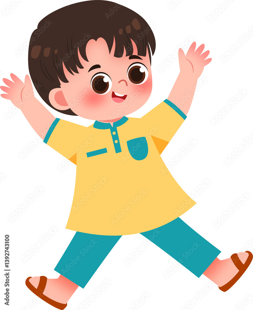 Joyful Boy in Yellow Shirt and Teal Pants, Arms Raised Joyful Boy in Yellow Shirt and Teal Pants, Arms Raised
