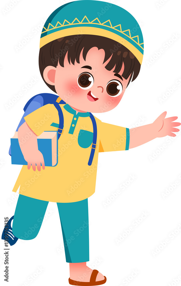 Cheerful Boy in Traditional Attire Carrying Books, Waving Cheerful Boy in Traditional Attire Carrying Books, Waving