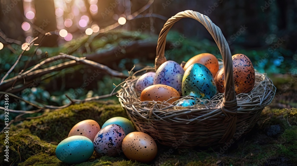 Unusual and vibrant Easter egg basket in macro photography, featuring bright colors, textures, and a festive atmosphere. Perfect as a background or decorative base.