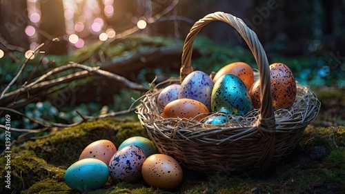 Obraz na płótnie Unusual and vibrant Easter egg basket in macro photography, featuring bright colors, textures, and a festive atmosphere. Perfect as a background or decorative base. w salonie