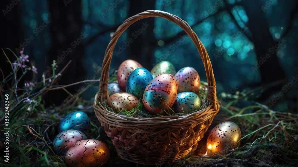 Unusual and vibrant Easter egg basket in macro photography, featuring bright colors, textures, and a festive atmosphere. Perfect as a background or decorative base.