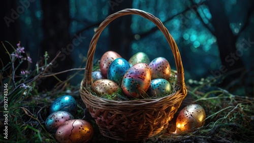 Obraz na płótnie Unusual and vibrant Easter egg basket in macro photography, featuring bright colors, textures, and a festive atmosphere. Perfect as a background or decorative base. w salonie