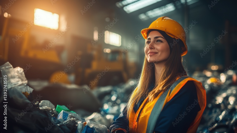Worker working in recycling center with recyclable waste.