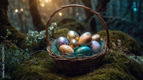 Obraz na płótnie Unusual and vibrant Easter egg basket in macro photography, featuring bright colors, textures, and a festive atmosphere. Perfect as a background or decorative base. w salonie
