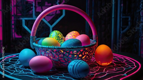 Unusual and vibrant Easter egg basket in macro photography, featuring bright colors, textures, and a festive atmosphere. Perfect as a background or decorative base.