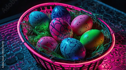 Unusual and vibrant Easter egg basket in macro photography, featuring bright colors, textures, and a festive atmosphere. Perfect as a background or decorative base.