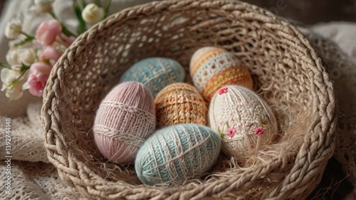 Obraz na płótnie Unusual and vibrant Easter egg basket in macro photography, featuring bright colors, textures, and a festive atmosphere. Perfect as a background or decorative base. w salonie