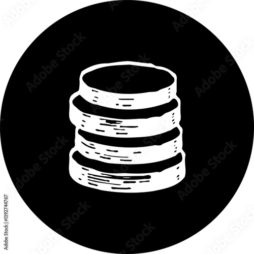 Stylized depiction of stacked coins against a solid circular background