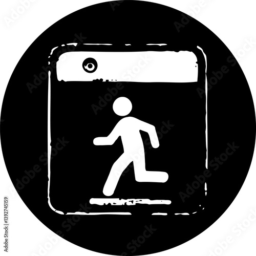 Emergency evacuation route icon showing a figure escaping a building