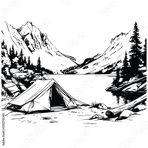 tent near the lake in the mountains sketch illustration